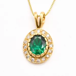 Gold Emerald Pendant - Green Vintage Necklace - Diamond Halo Necklace