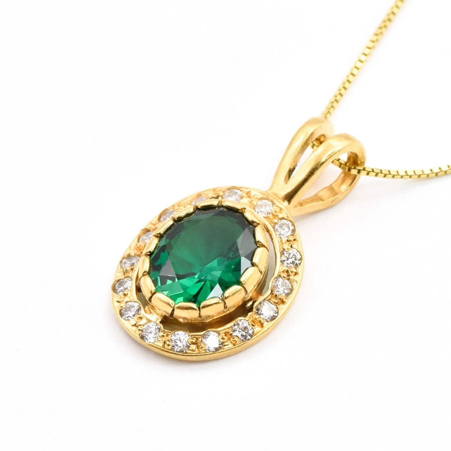 Gold Emerald Pendant - Green Vintage Necklace - Diamond Halo Necklace