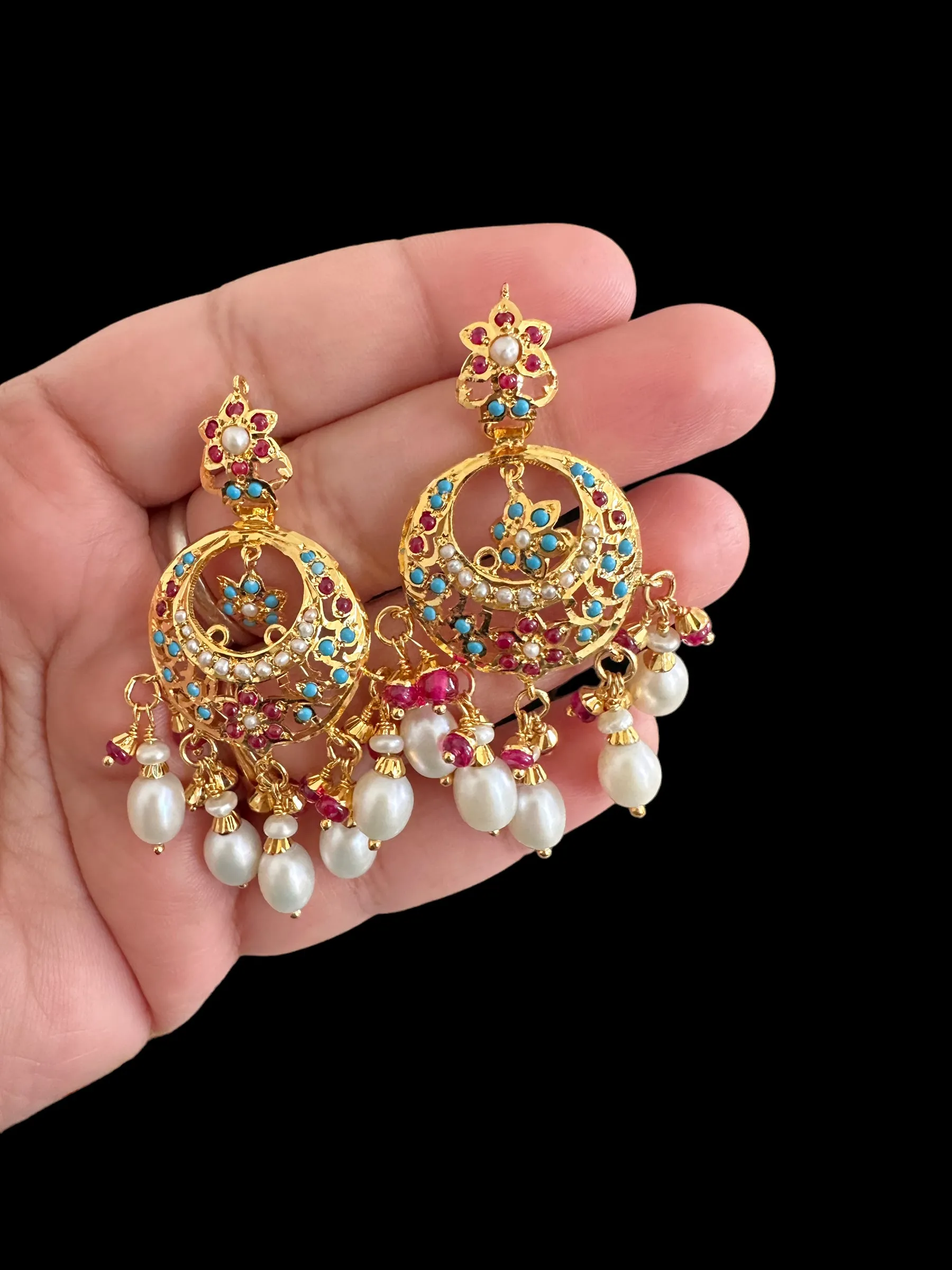 Gold plated silver earrings in multicolor with fresh water pearls ( READY TO SHIP)