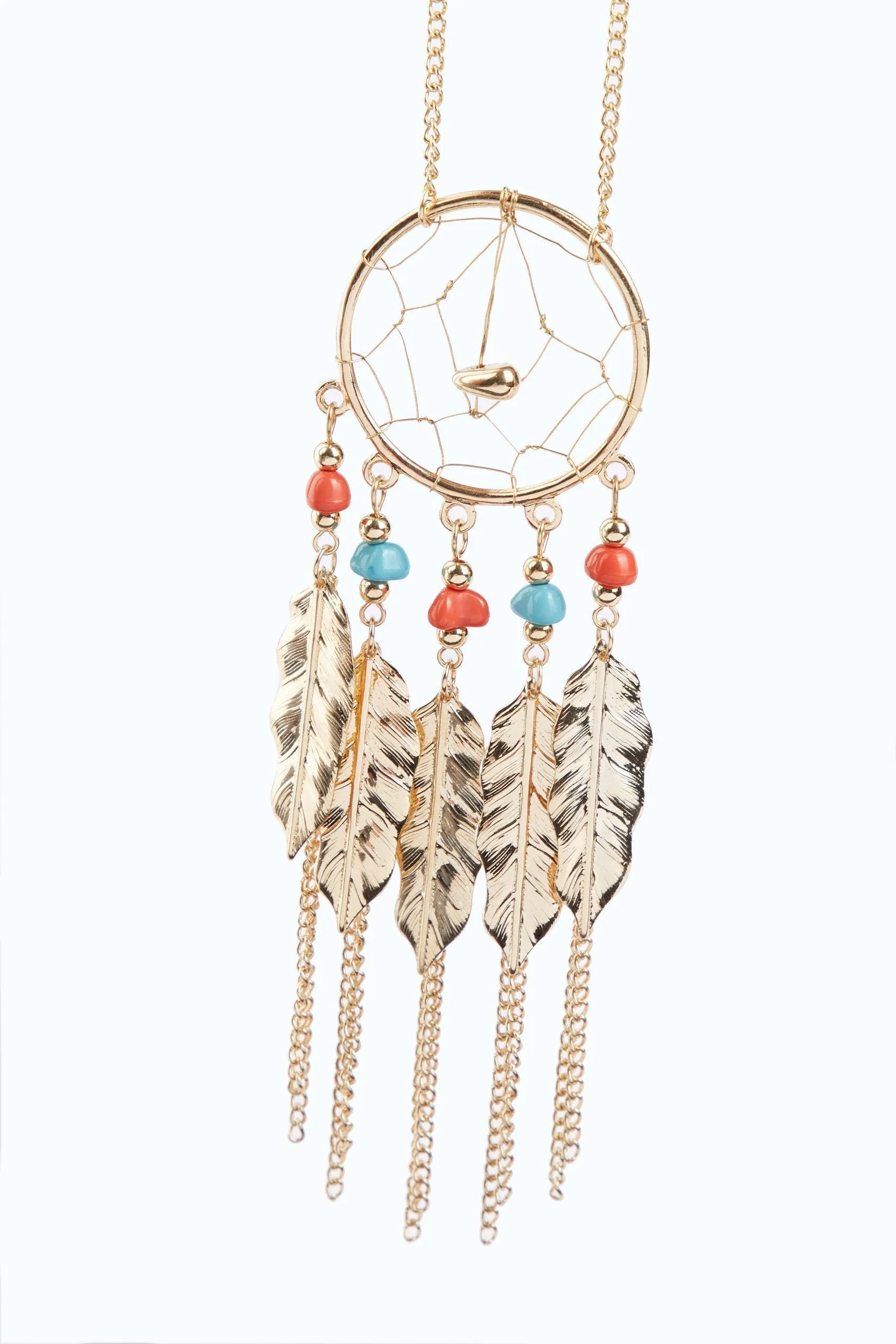 Gold/Coral/Turquoise Feather Design Necklace With Beads