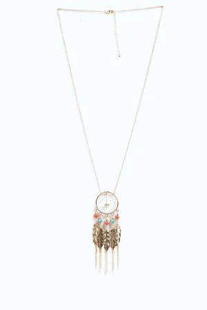 Gold/Coral/Turquoise Feather Design Necklace With Beads