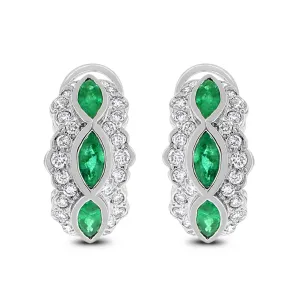 Grape Vine Huggies Earrings (2.46 ct Diamonds & Emeralds) in White Gold