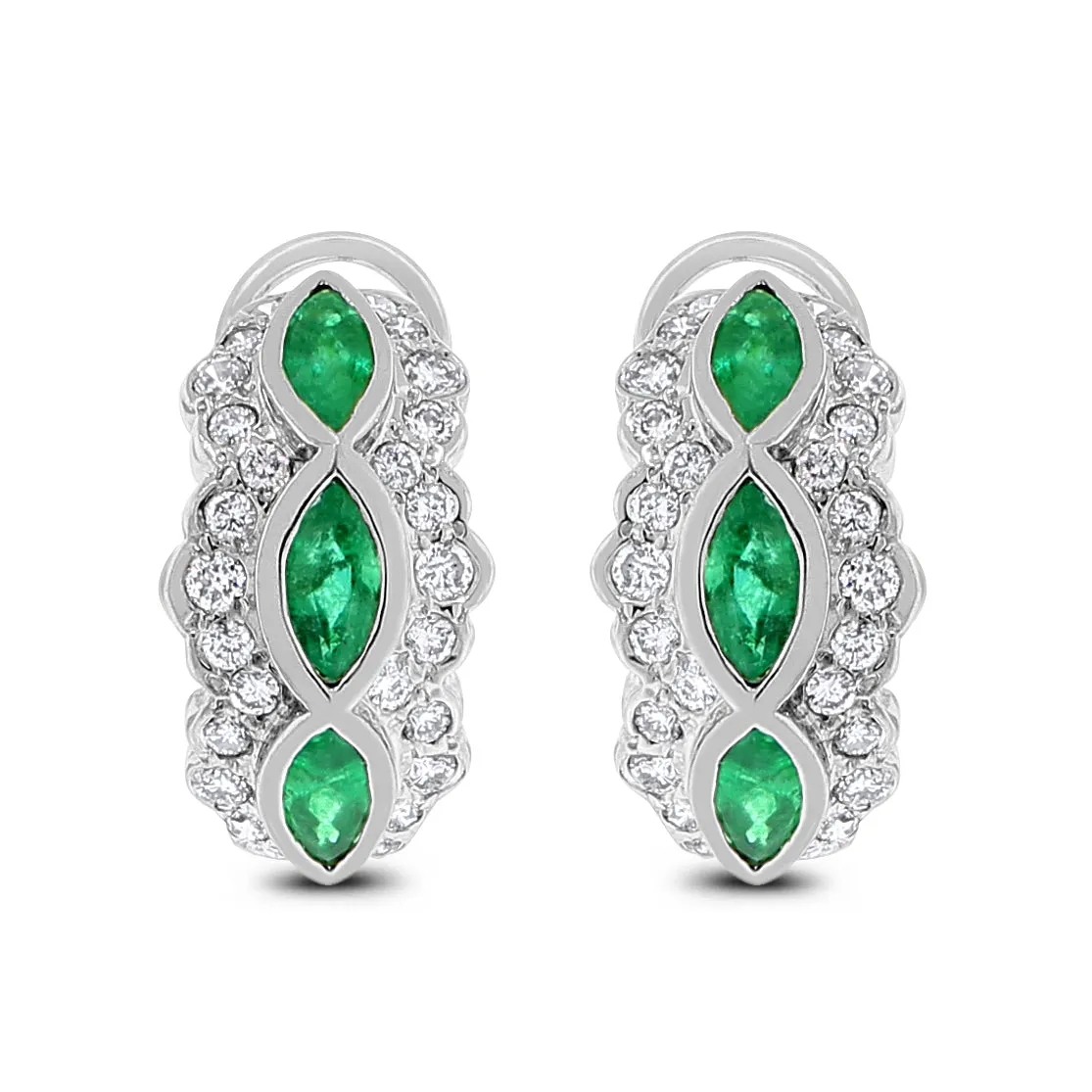 Grape Vine Huggies Earrings (2.46 ct Diamonds & Emeralds) in White Gold