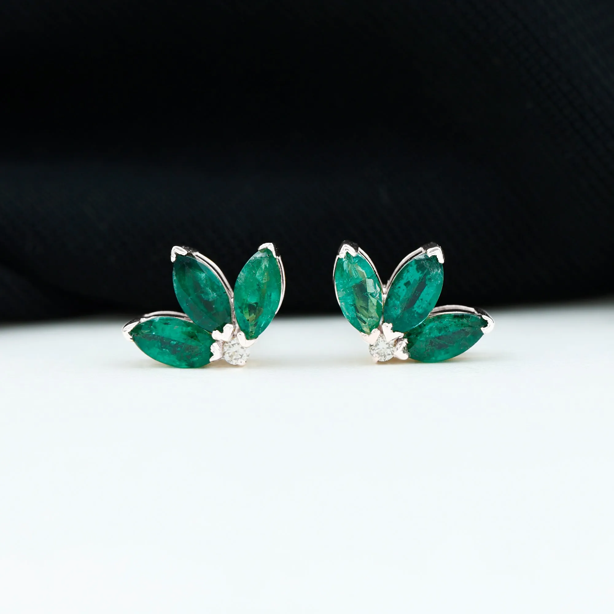 Half Flower Stud Earrings with Emerald and Diamond