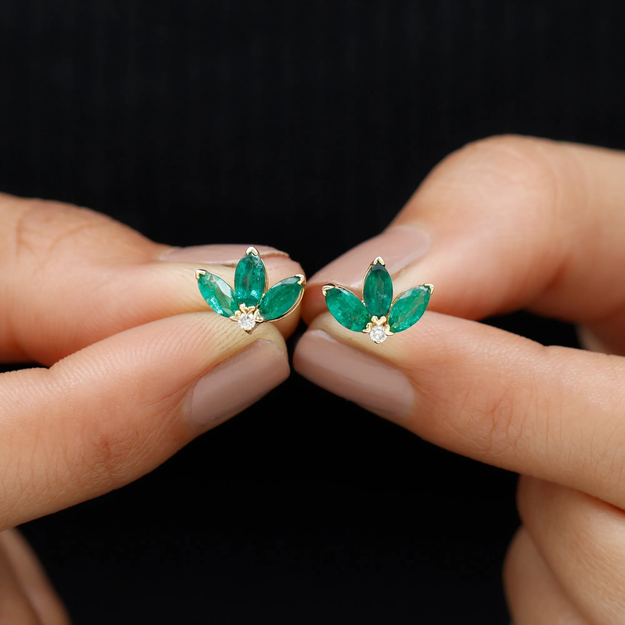 Half Flower Stud Earrings with Emerald and Diamond