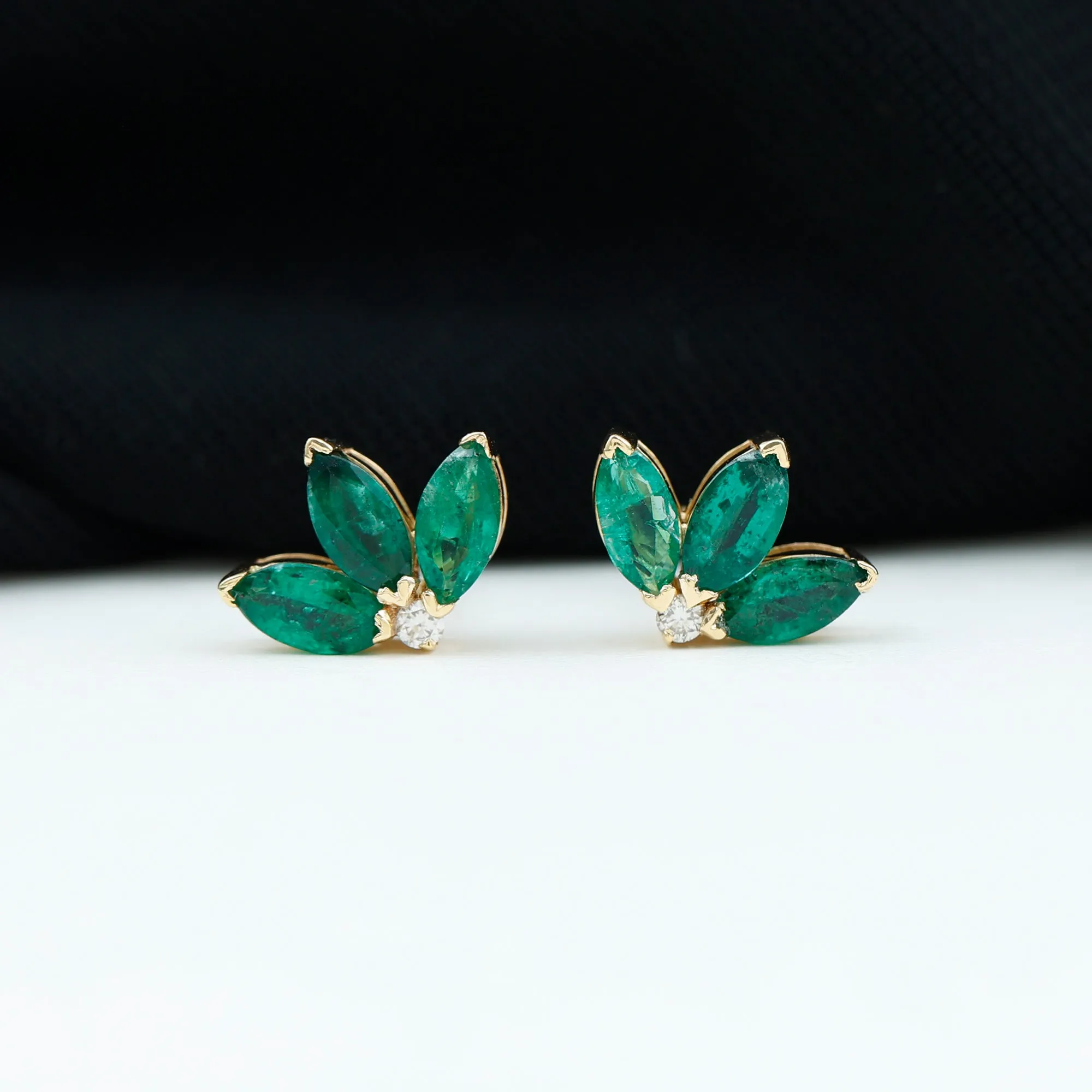 Half Flower Stud Earrings with Emerald and Diamond