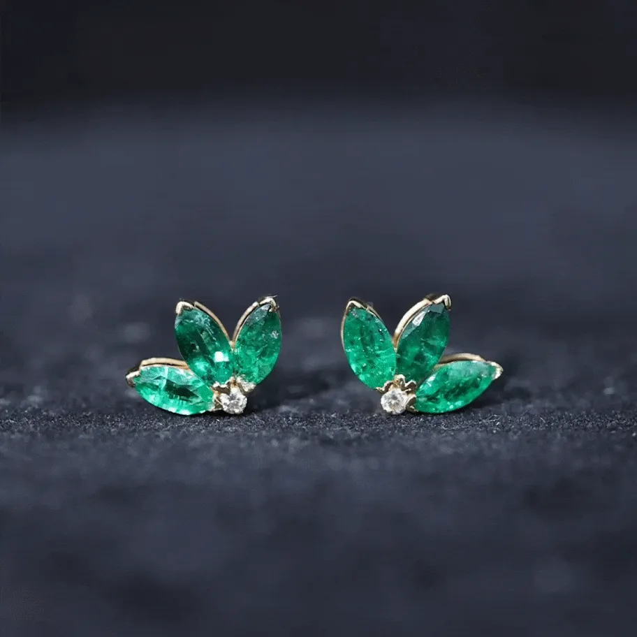 Half Flower Stud Earrings with Emerald and Diamond