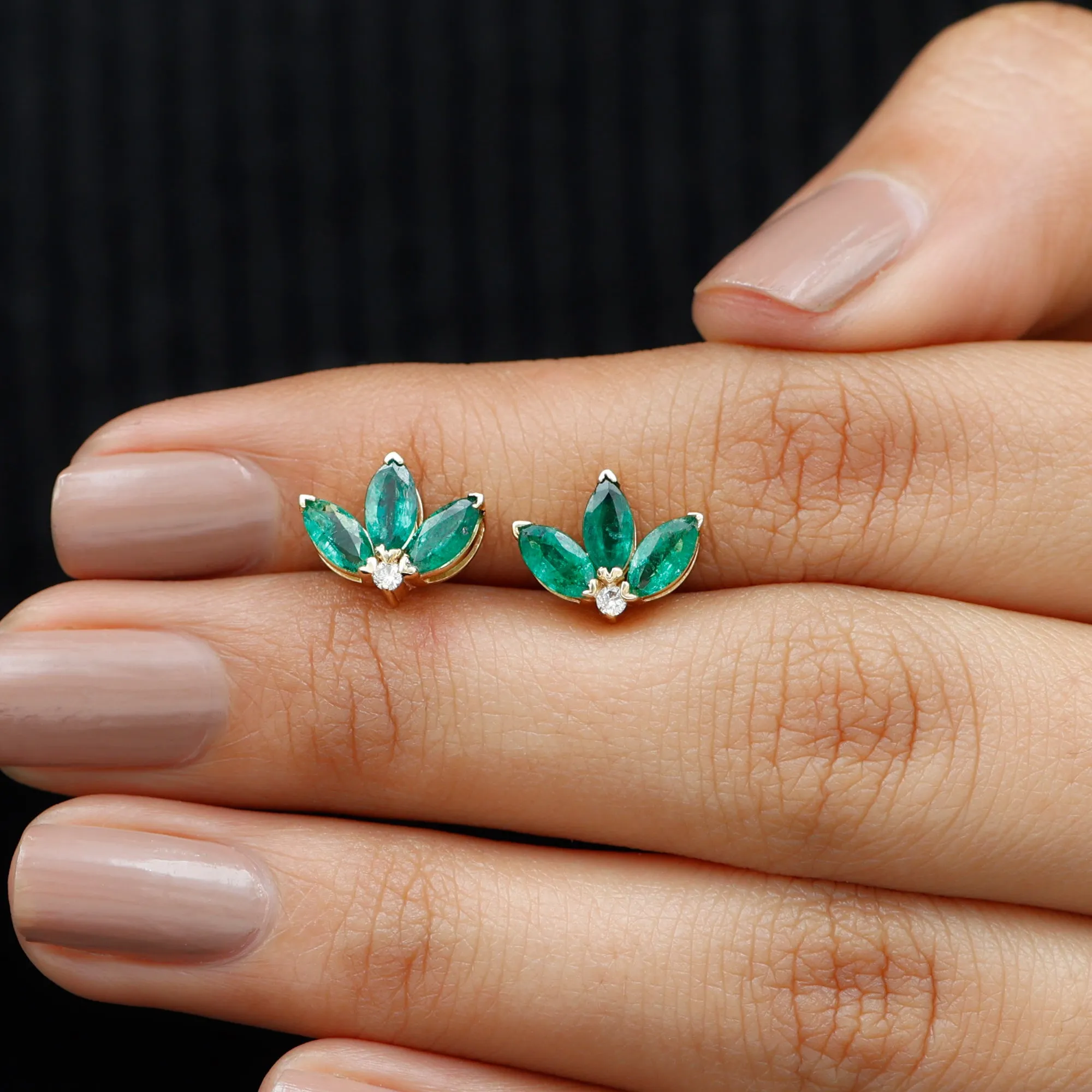 Half Flower Stud Earrings with Emerald and Diamond