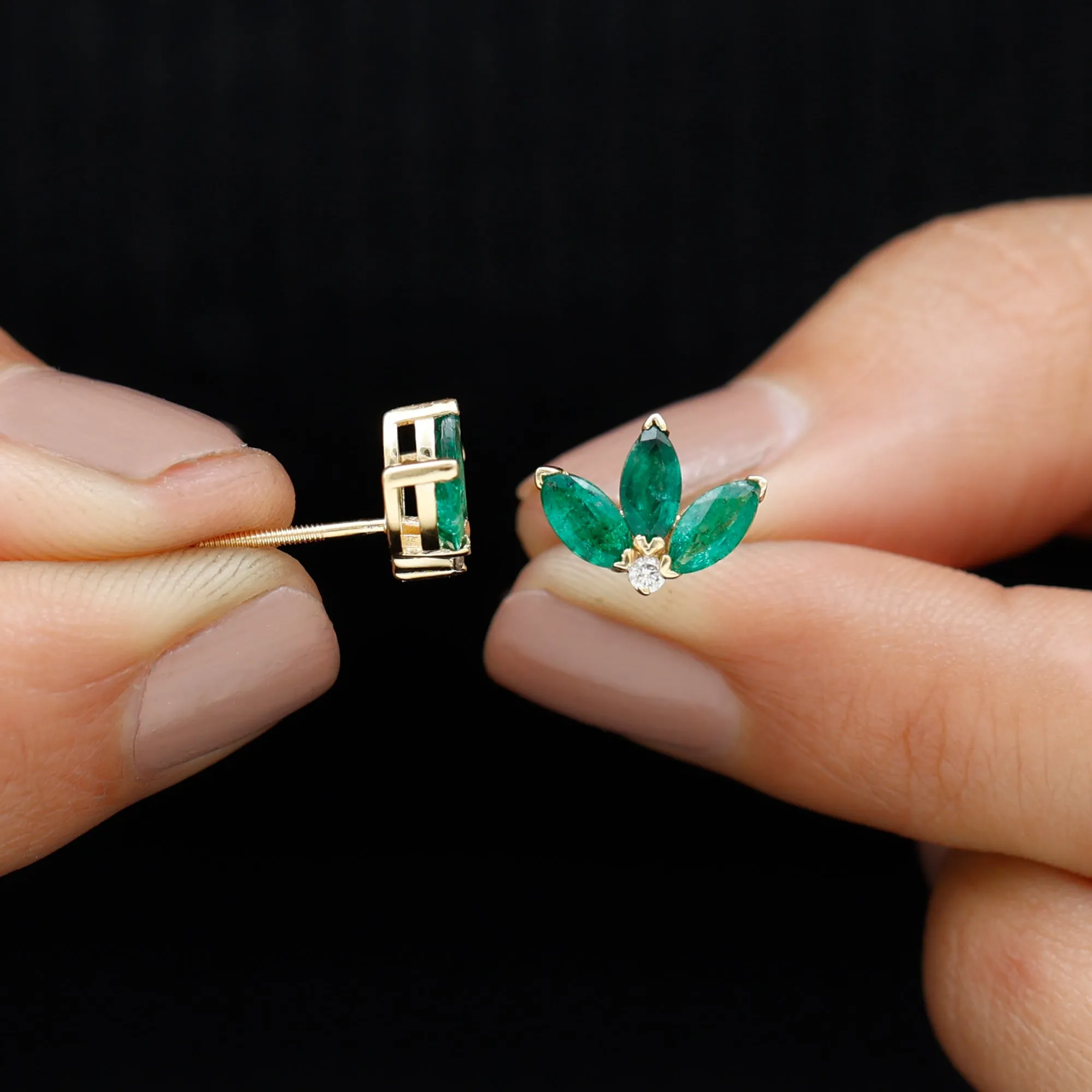 Half Flower Stud Earrings with Emerald and Diamond