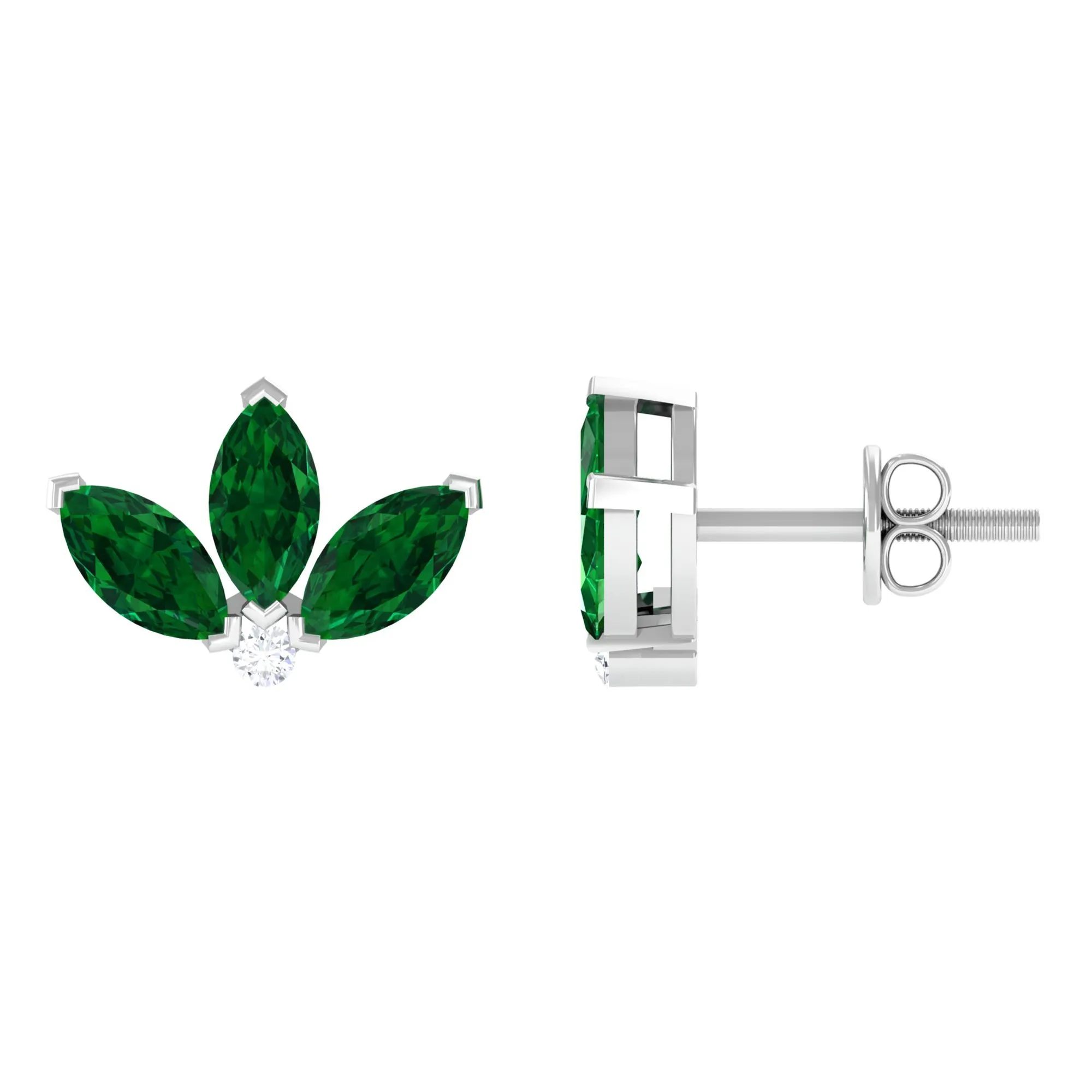 Half Flower Stud Earrings with Emerald and Diamond