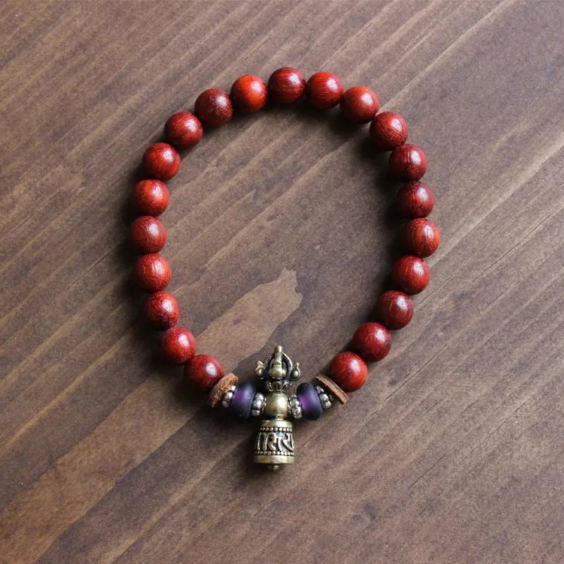 Hand-Carved Copper Vajra &amp Bell Natural Red Sandalwood Bracelet