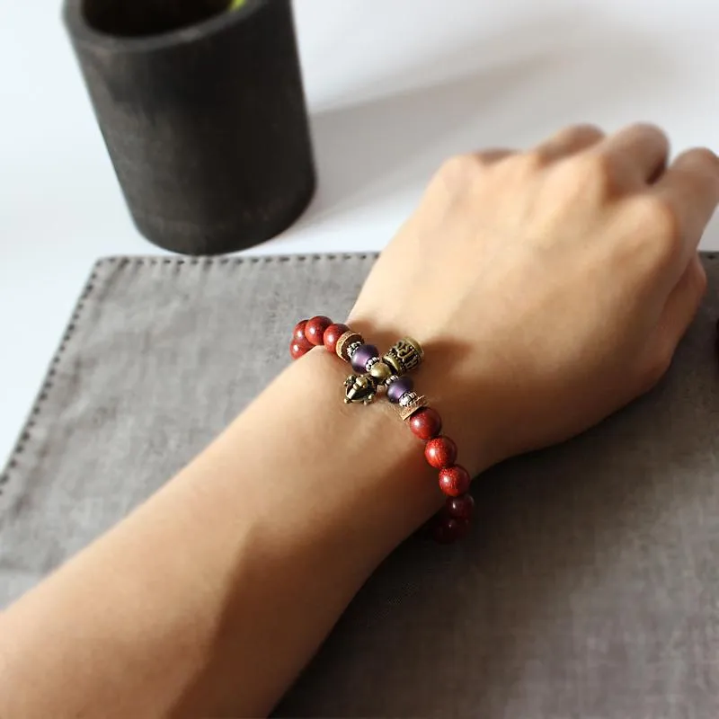 Hand-Carved Copper Vajra &amp Bell Natural Red Sandalwood Bracelet