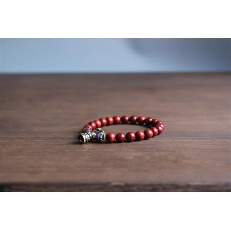 Hand-Carved Copper Vajra &amp Bell Natural Red Sandalwood Bracelet