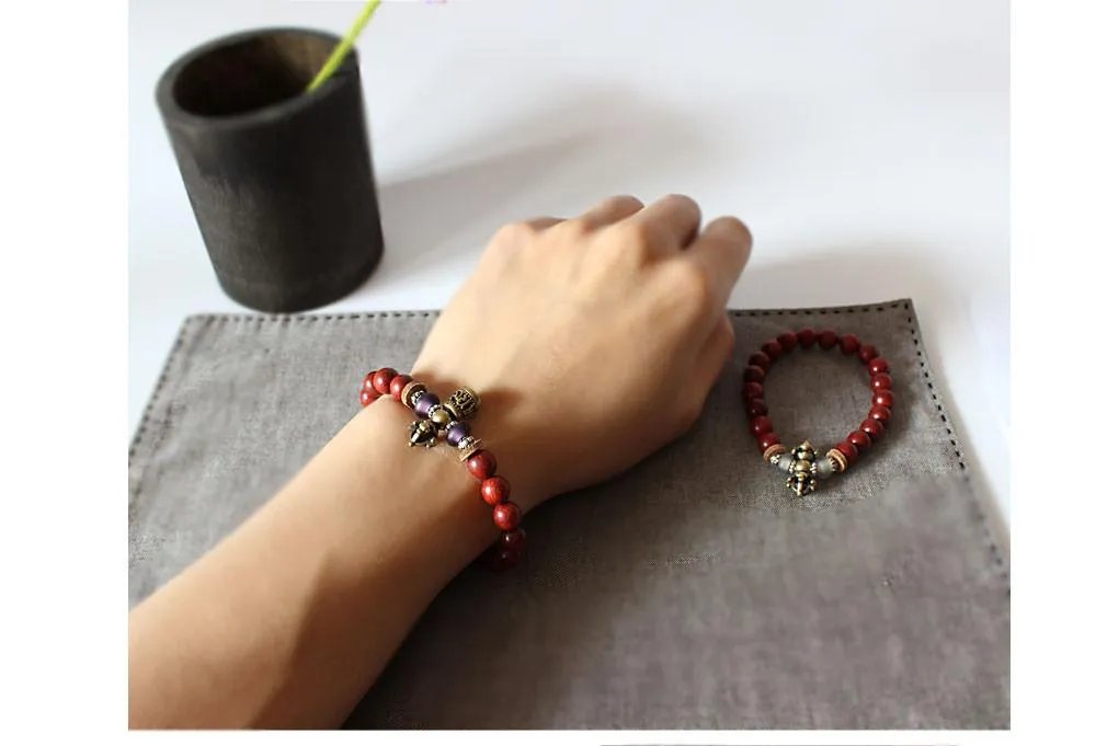 Hand-Carved Copper Vajra &amp Bell Natural Red Sandalwood Bracelet