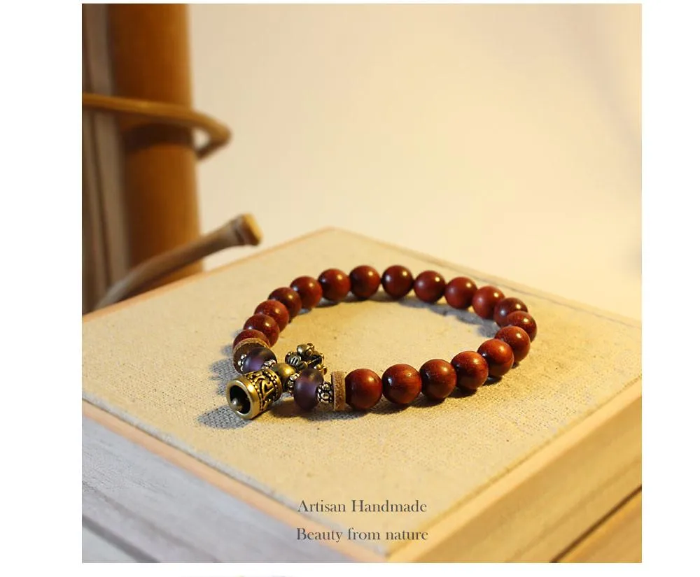 Hand-Carved Copper Vajra &amp Bell Natural Red Sandalwood Bracelet