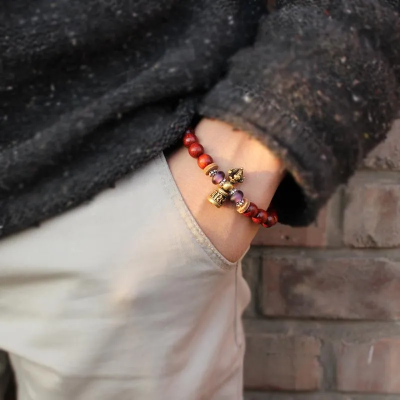 Hand-Carved Copper Vajra &amp Bell Natural Red Sandalwood Bracelet