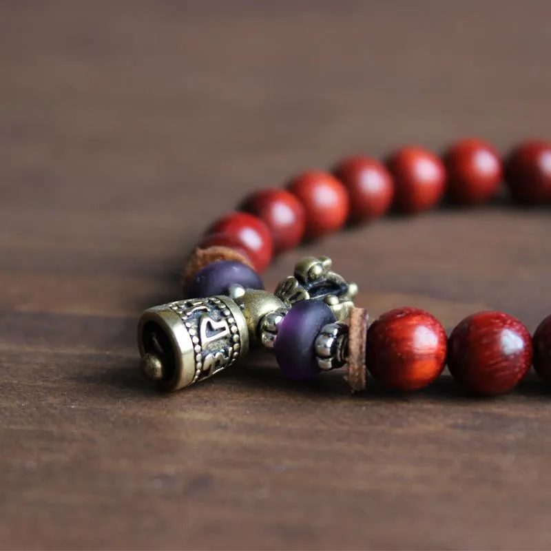 Hand-Carved Copper Vajra &amp Bell Natural Red Sandalwood Bracelet