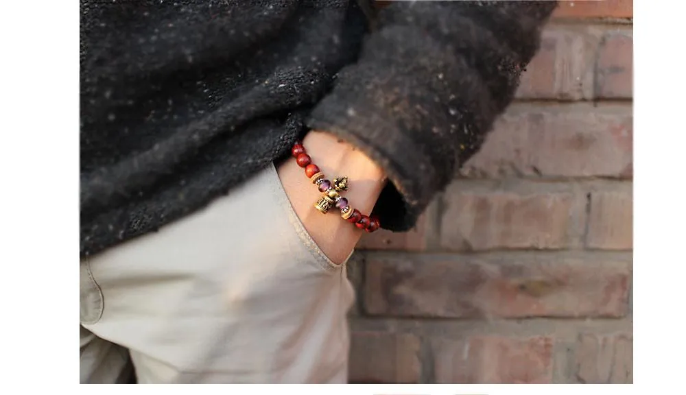 Hand-Carved Copper Vajra &amp Bell Natural Red Sandalwood Bracelet