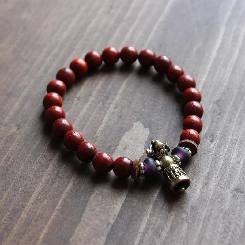 Hand-Carved Copper Vajra &amp Bell Natural Red Sandalwood Bracelet