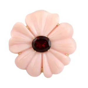 Handcarved Floral Opal Garnet 18k Yellow Gold Daisy Pendant For Gift