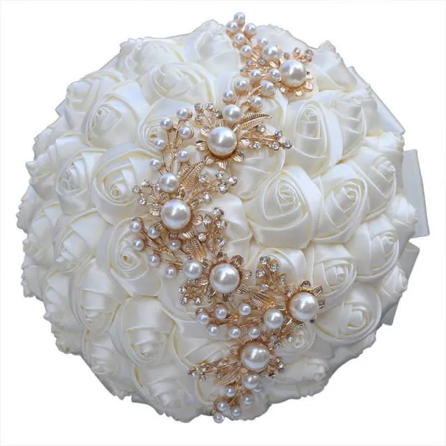 Handmade Bridal Satin Ribbon Rose Flower Bouquet-Pearl with Pearl Gold Jewelry Garland