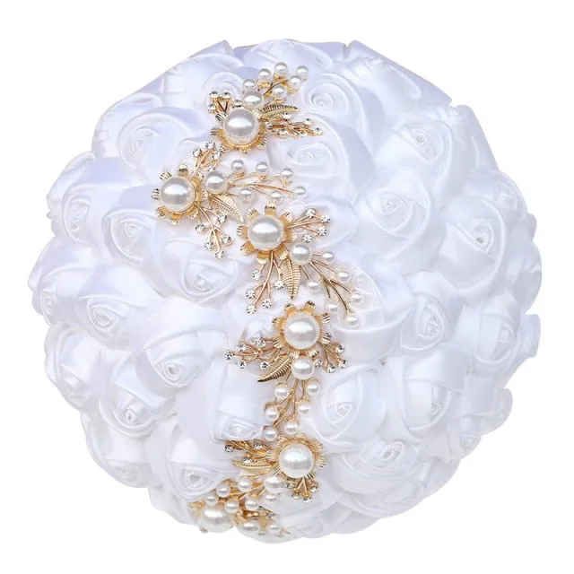 Handmade Bridal Satin Ribbon Rose Flower Bouquet-Pearl with Pearl Gold Jewelry Garland