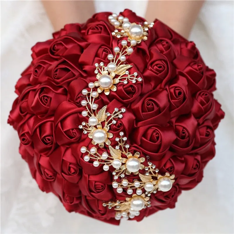 Handmade Bridal Satin Ribbon Rose Flower Bouquet-Pearl with Pearl Gold Jewelry Garland