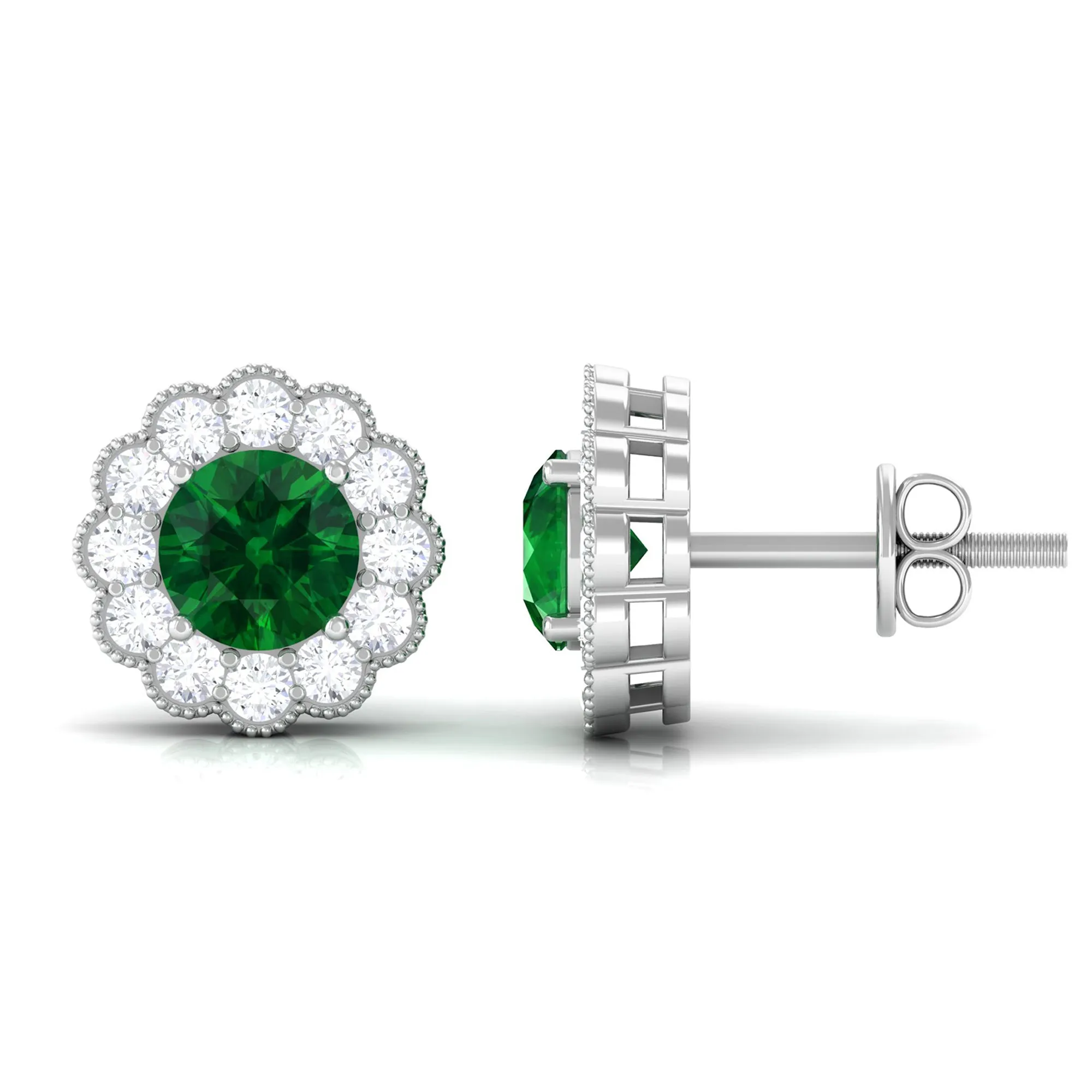 Lab Created Emerald Floral Halo Stud Earrings with Diamond