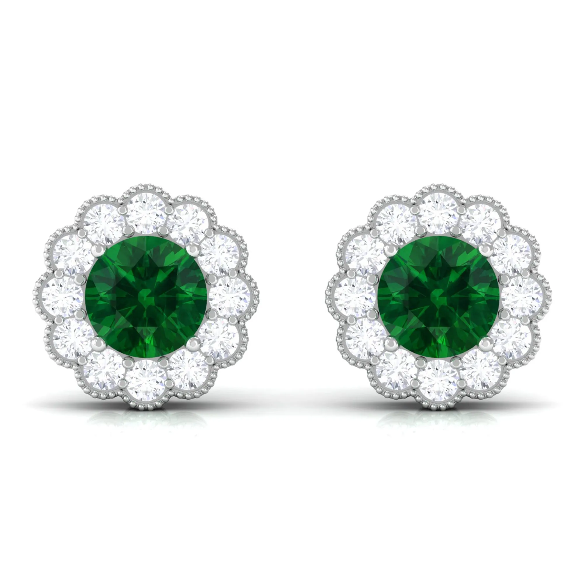 Lab Created Emerald Floral Halo Stud Earrings with Diamond