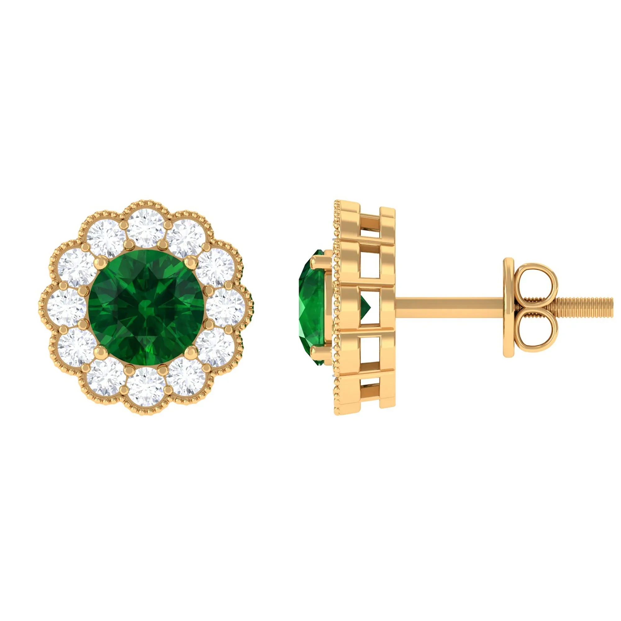 Lab Created Emerald Floral Halo Stud Earrings with Diamond