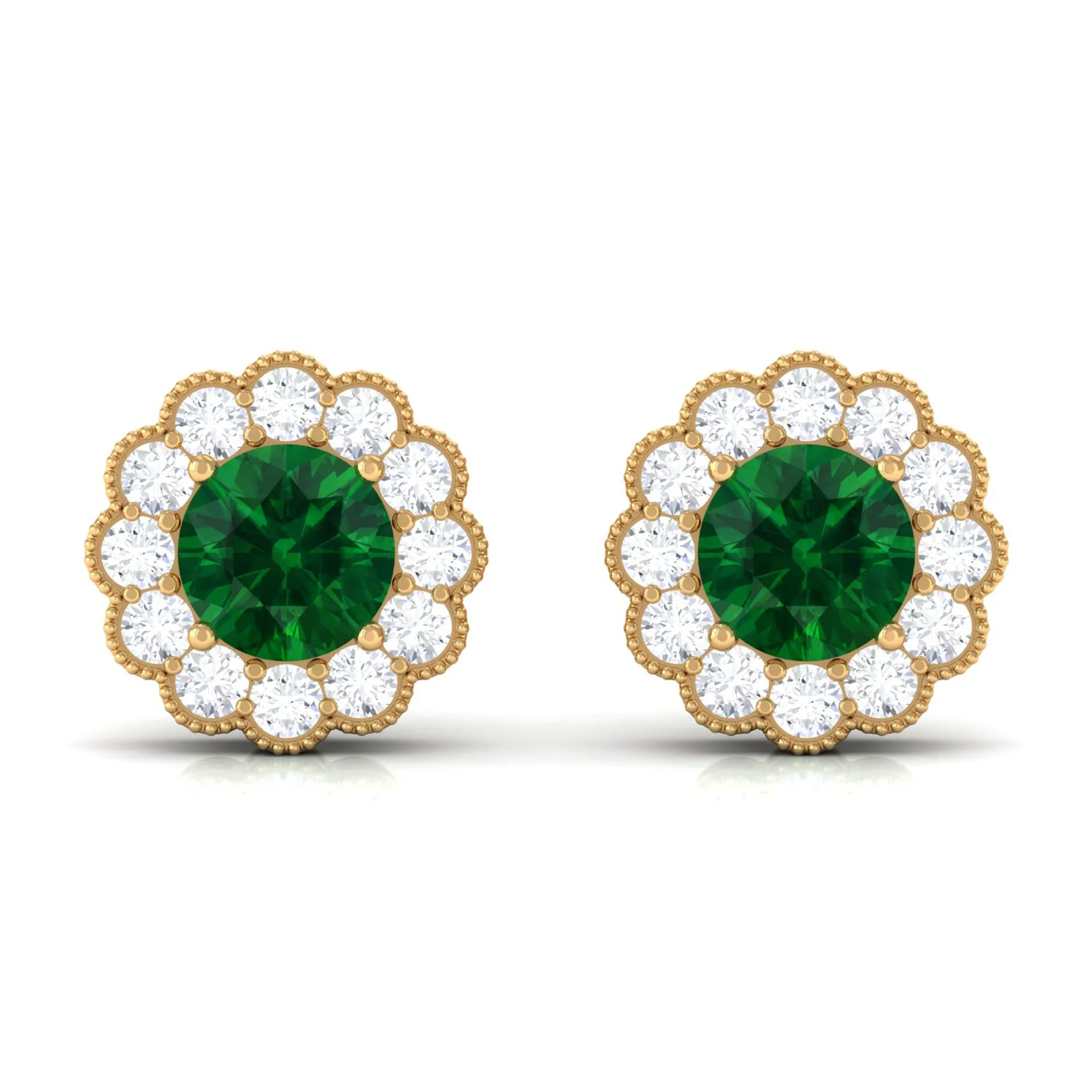 Lab Created Emerald Floral Halo Stud Earrings with Diamond