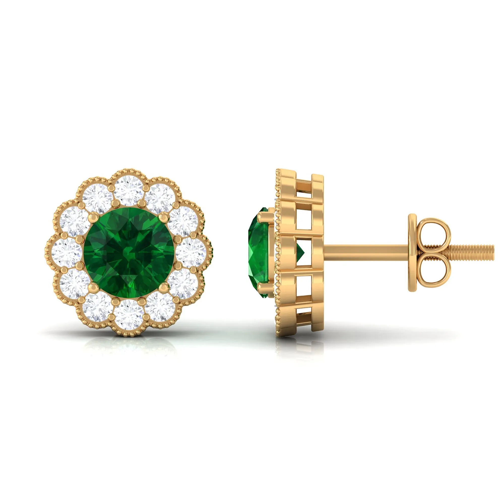 Lab Created Emerald Floral Halo Stud Earrings with Diamond