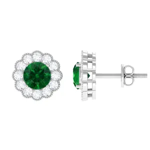 Lab Created Emerald Floral Halo Stud Earrings with Diamond