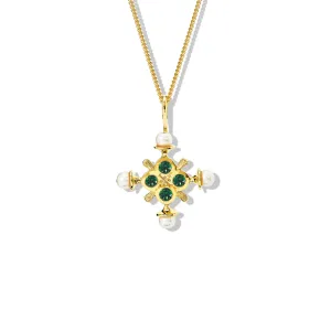 Madrid Large Cross Pendant Yellow Gold - Chrome Diopside & Pearl