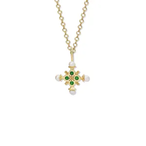 Madrid Small Cross Pendant Yellow Gold - Chrome Diopside & Pearl