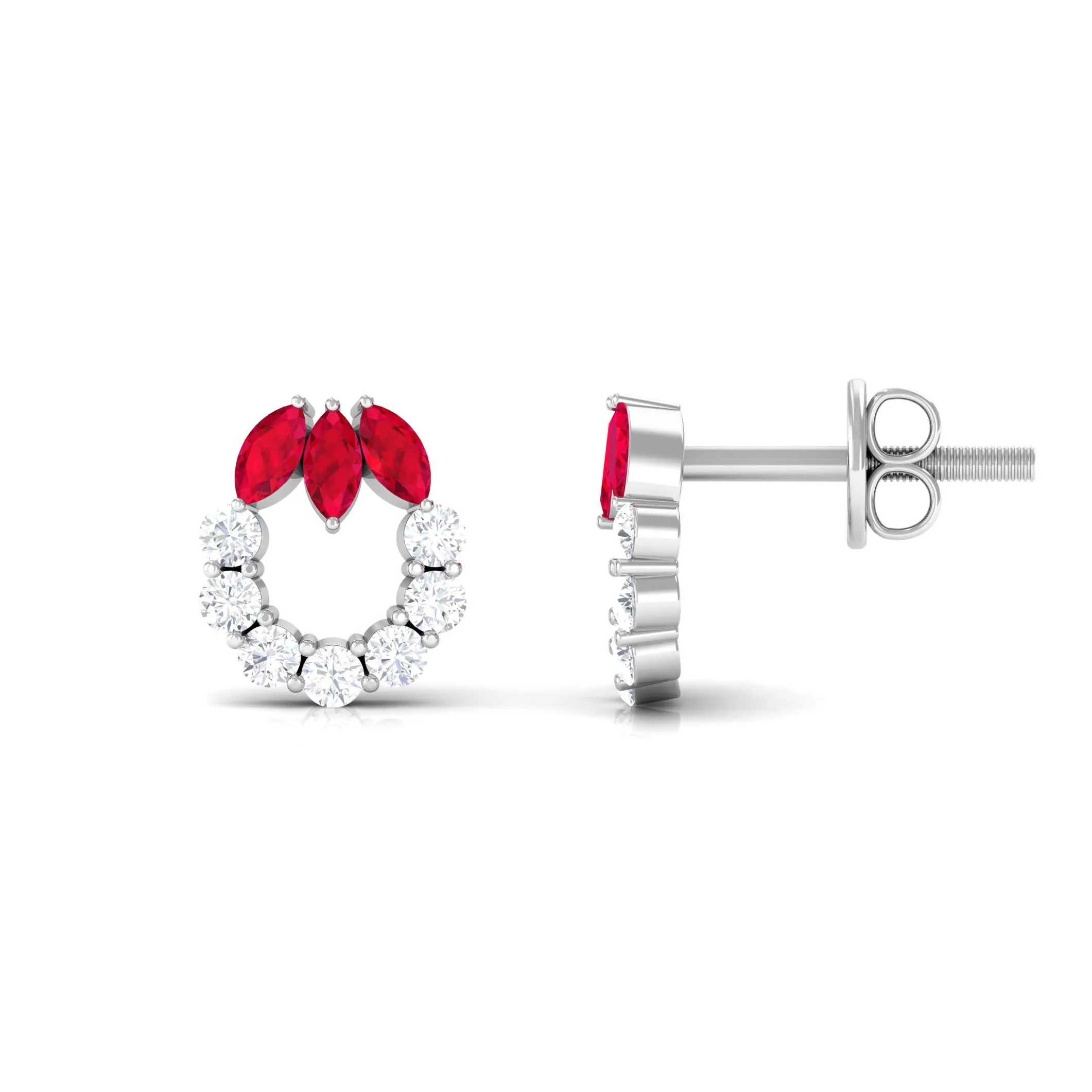 Marquise Cut Lab Grown Ruby Designer Stud Earrings with Diamond