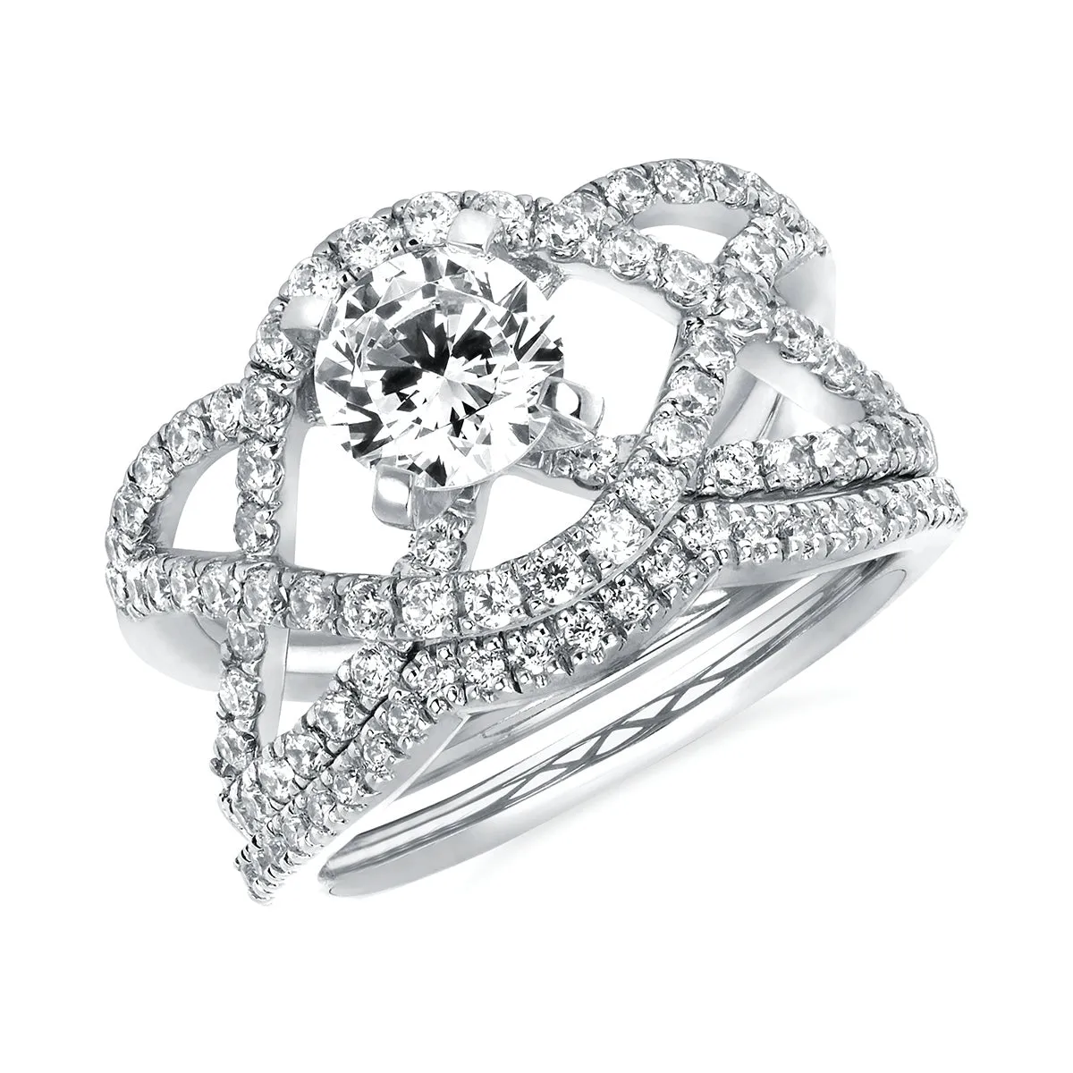 Modern Bridal: 3/4 Ctw. Diamond Orbit Split Shank Semi Mount shown with 1 Ct. Round Center Diamond in 14K Gold