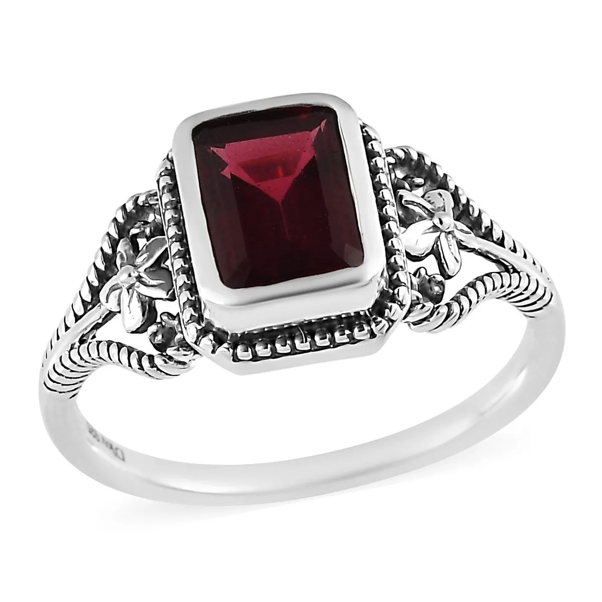 Natural  Emerald Cut Garnet Bezel Set Solitaire Rings - 925 Sterling Silver Rings