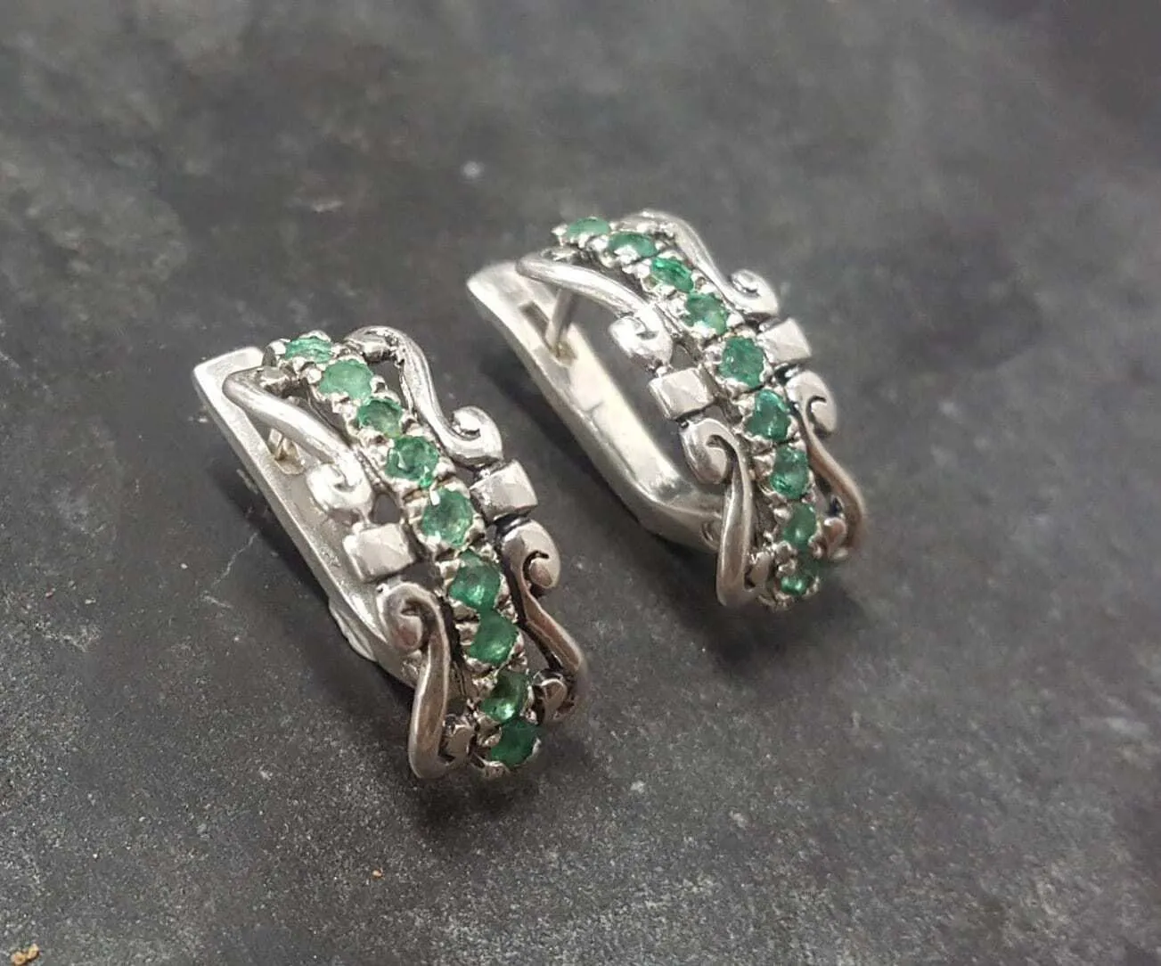 Natural Emerald Earrings - Green Tiara Earrings - Long Vintage Earrings