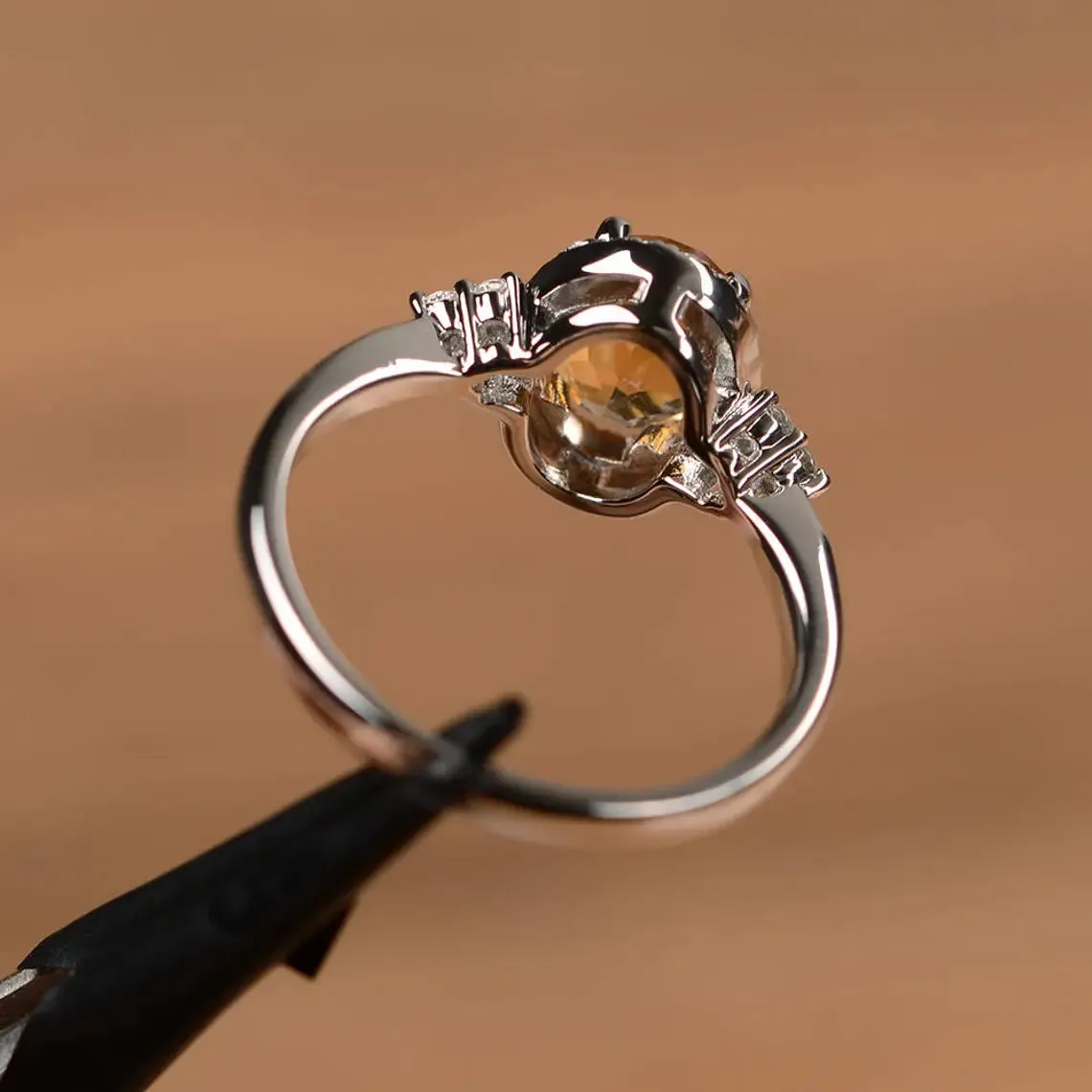 Natural Oval Cut Citrine Promise Halo Rings - 925 Sterling Silver Rings