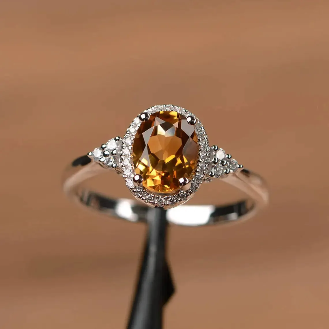 Natural Oval Cut Citrine Promise Halo Rings - 925 Sterling Silver Rings