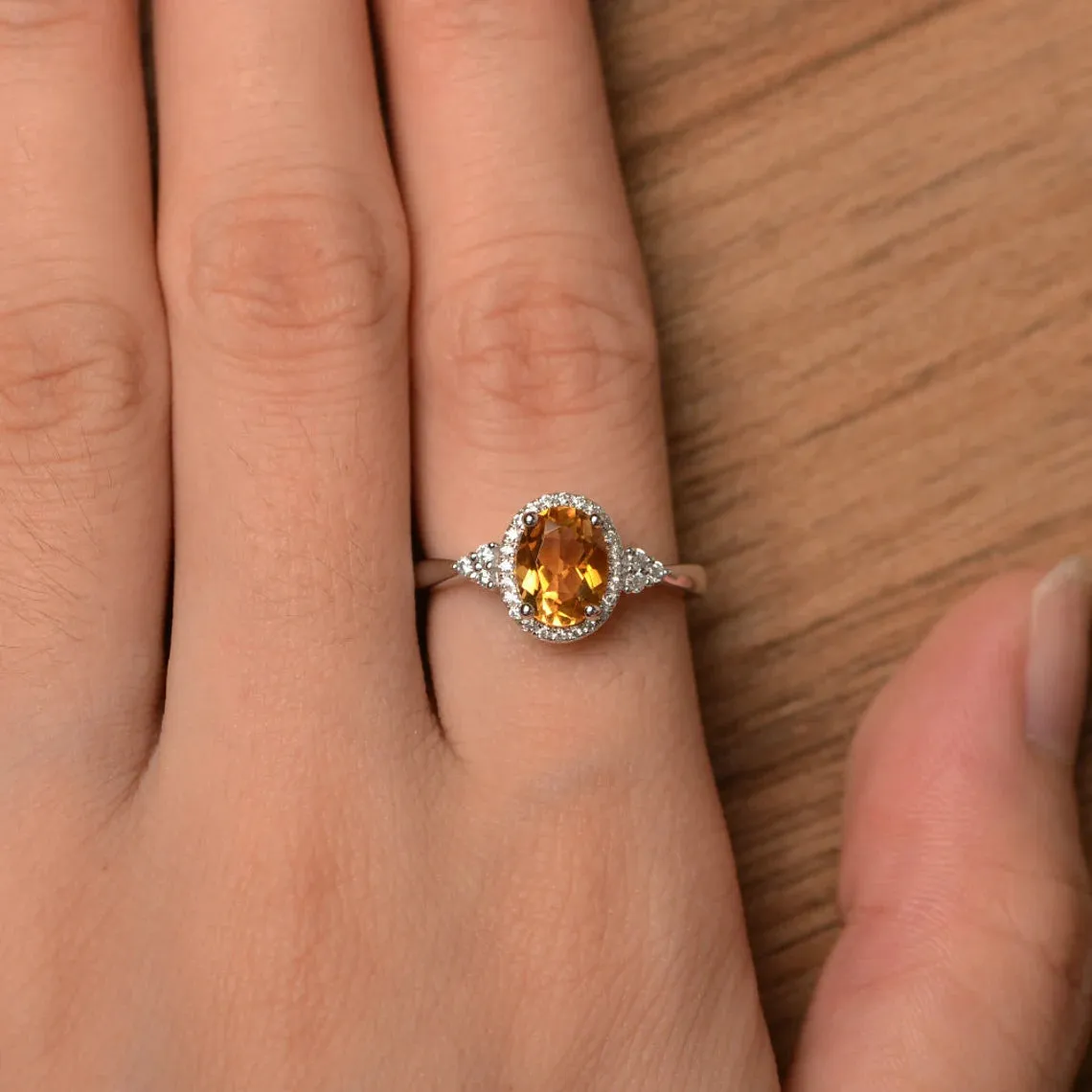 Natural Oval Cut Citrine Promise Halo Rings - 925 Sterling Silver Rings