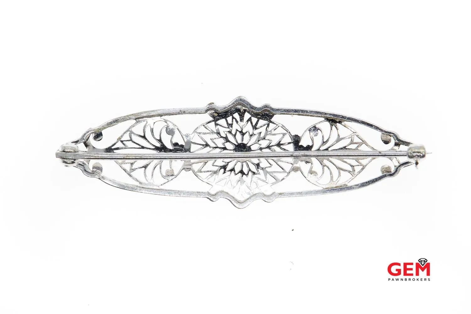 Navette Pierced Filigree Victorian Floral Pattern Motif Milgrain Accent Brooch 10K 417 White Gold Lapel Pin