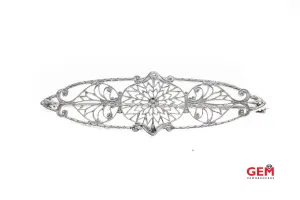 Navette Pierced Filigree Victorian Floral Pattern Motif Milgrain Accent Brooch 10K 417 White Gold Lapel Pin