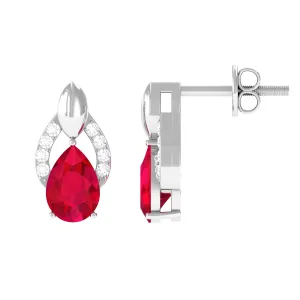 Pear Cut Lab Grown Ruby and Diamond Bridal Stud Earrings