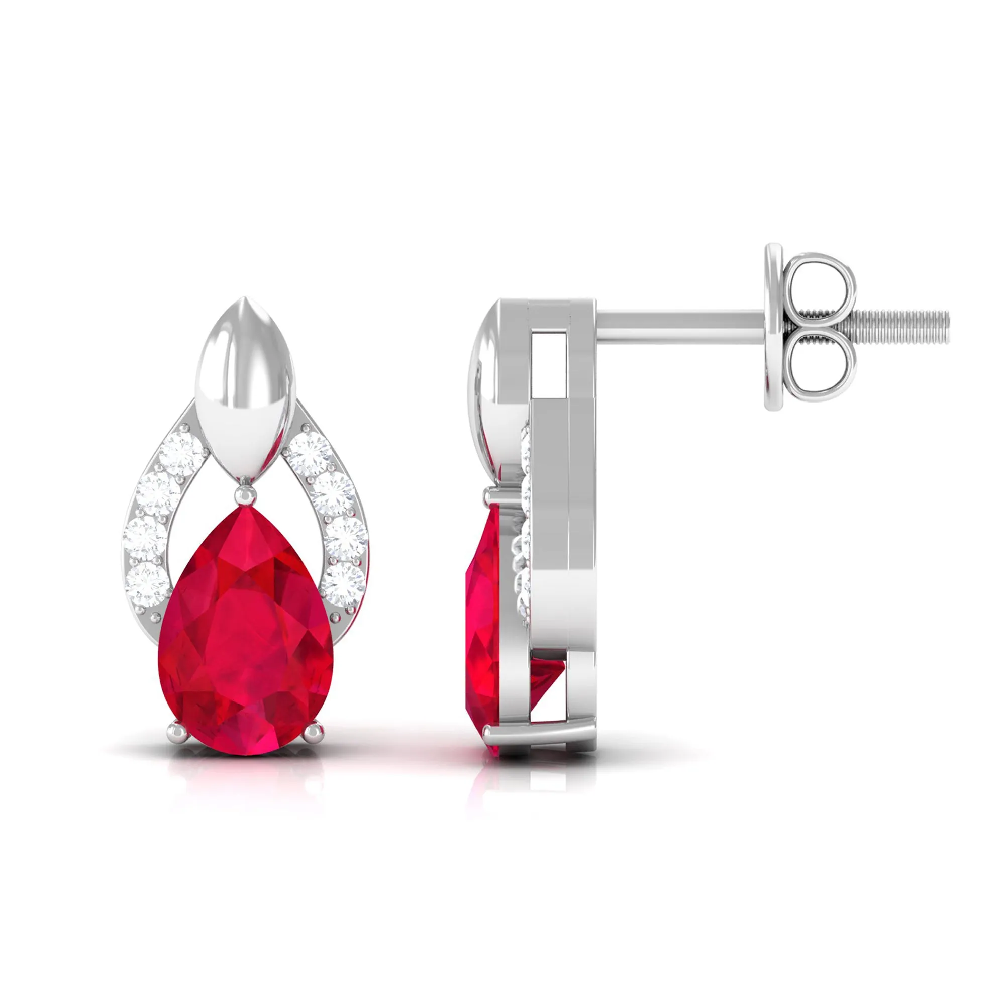 Pear Cut Lab Grown Ruby and Diamond Bridal Stud Earrings