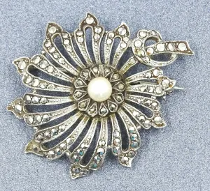 Pearl & Marcasite Floral Sterling Silver Brooch