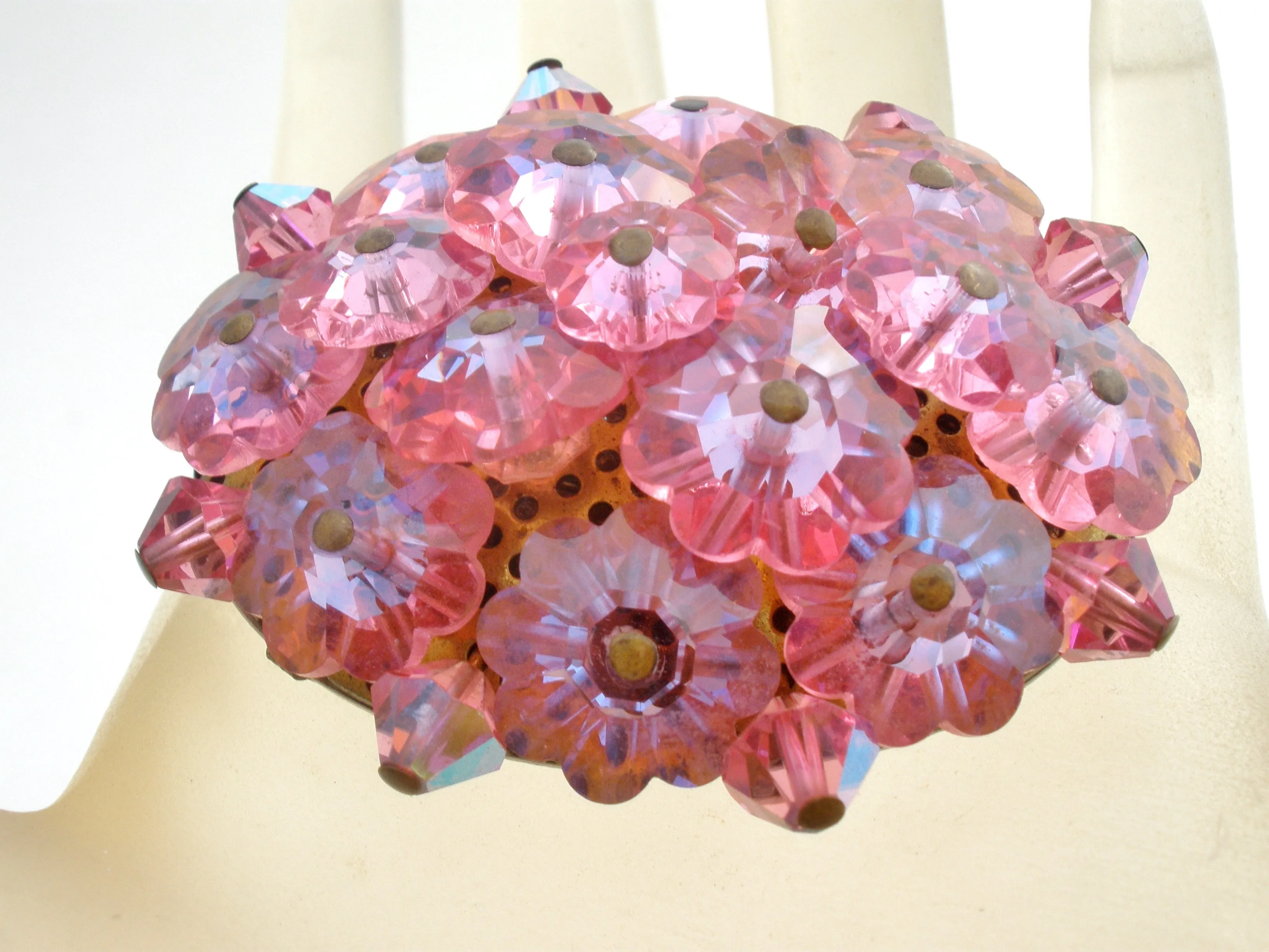 Pink Crystal Cluster Flower Brooch Pin Vintage