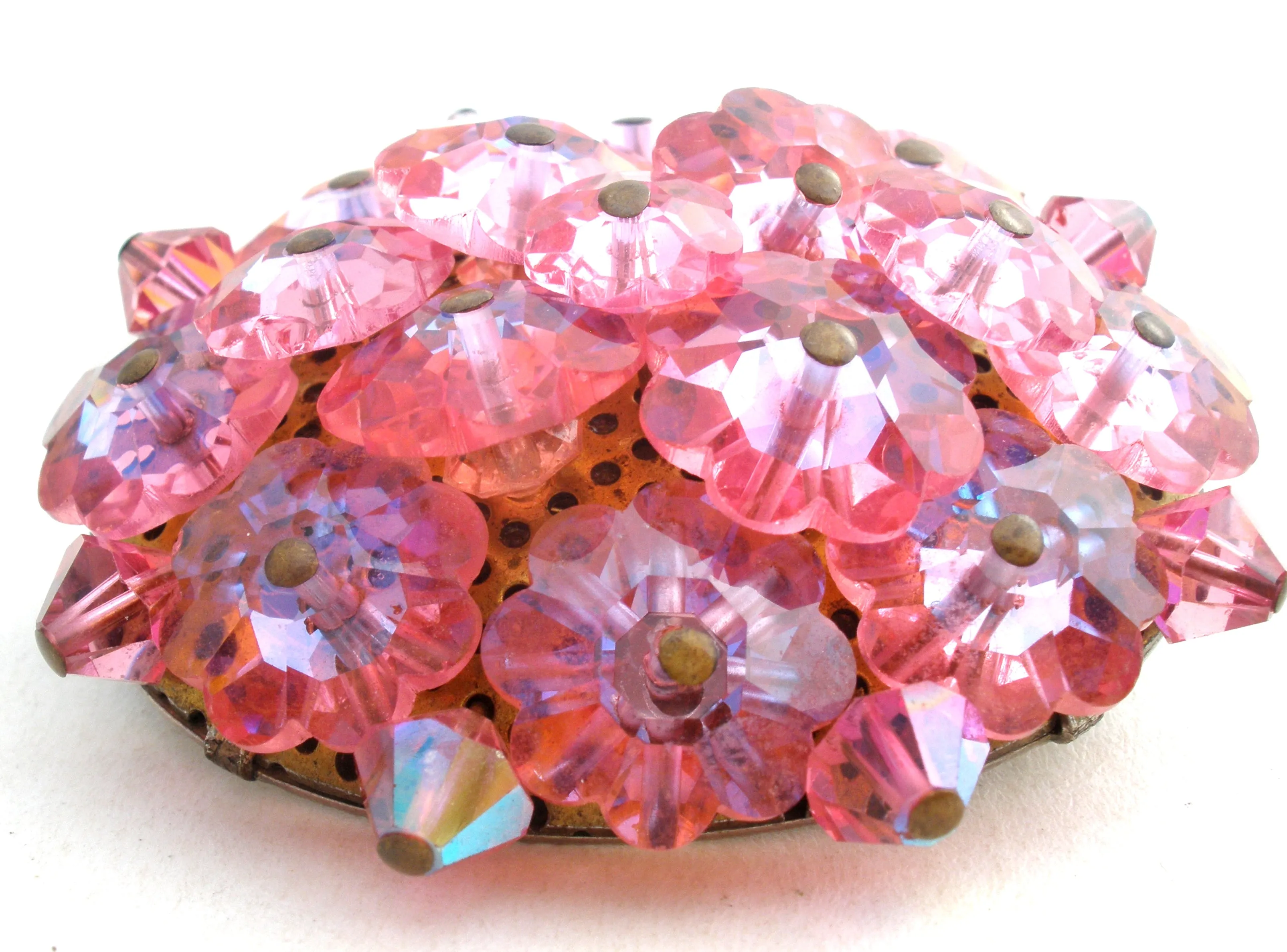 Pink Crystal Cluster Flower Brooch Pin Vintage