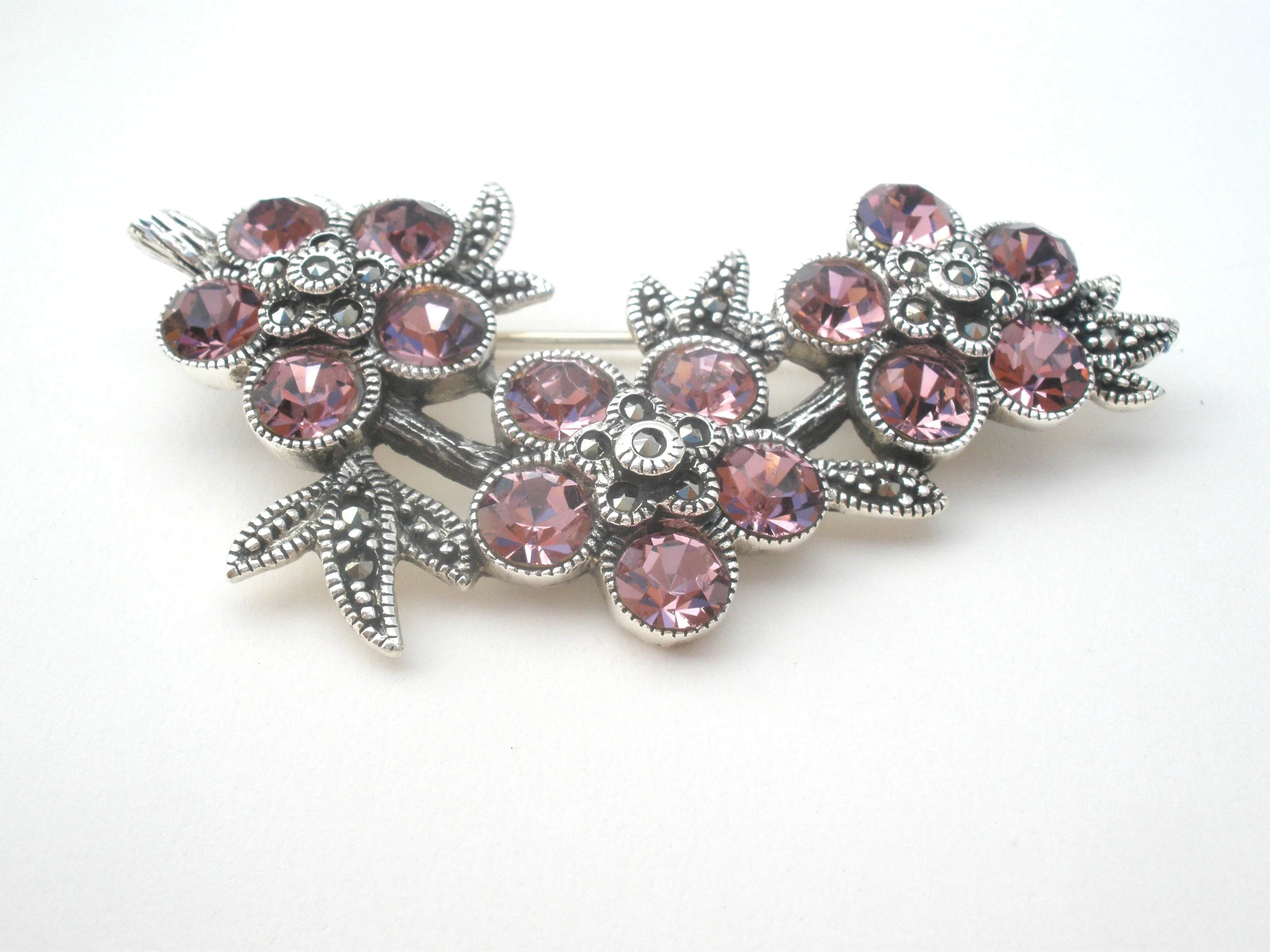 Pink Crystal Flower Brooch Sterling Silver